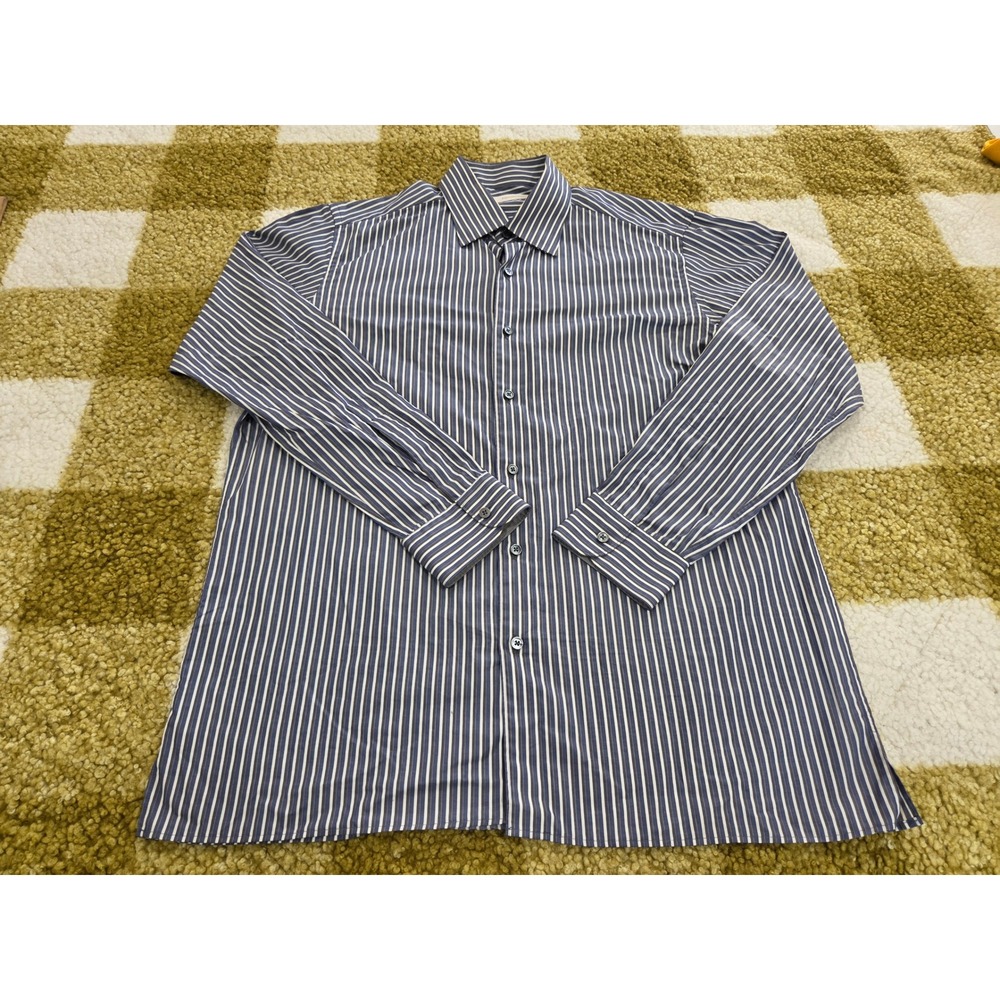 Ermenegildo Zegna Mens XL Blue White Striped Cotton Button Down Shirt Italy